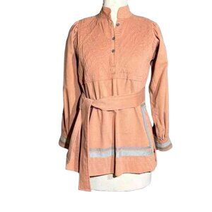 Vintage Unique Rose Corduroy Tunic With Nehru Collar & Quilted Bodice